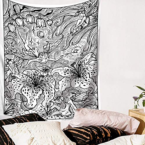 N / A Pintura Negra Tapiz Floral Ola en Blanco y Negro Tapiz Colgante de Pared Flor Sirena patrón Tapiz decoración del Dormitorio Tapiz Fondo Tela A4 130x150cm