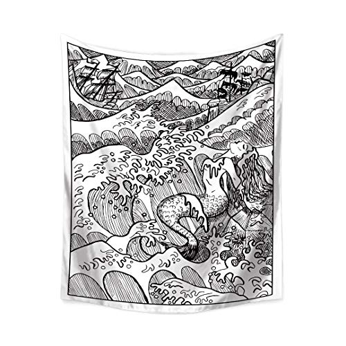 N / A Pintura Negra Tapiz Floral Ola en Blanco y Negro Tapiz Colgante de Pared Flor Sirena patrón Tapiz decoración del Dormitorio Tapiz Fondo Tela A4 130x150cm