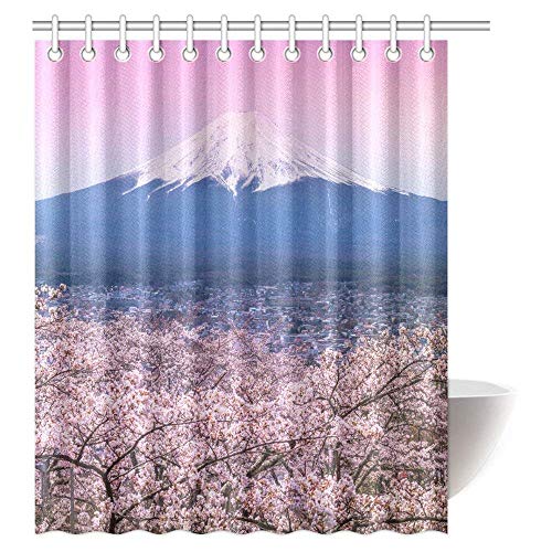 N\A Mountain View Oriental Art Cherry Tree Snow Fuji Nature Fabric Juego de Cortinas de baño con Ganchos