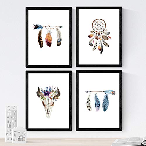 Nacnic Set de 4 láminas de Plumas De Colores Y Flores Boho,en tamaño A4, Poster Papel 250 gr Marco