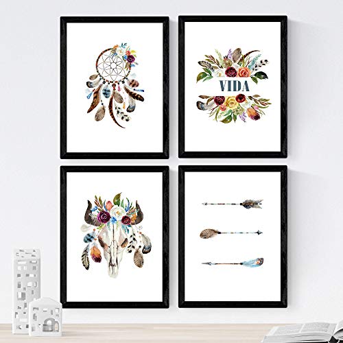 Nacnic Set de 4 láminas de Plumas,en tamaño A4, Poster Papel 250 gr Marco