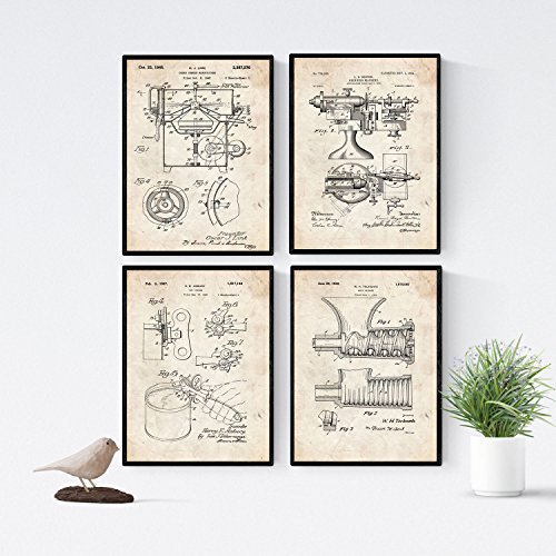 Nacnic Vintage - Pack de 4 Láminas con Patentes de Cocina. Set de Posters con inventos y Patentes Antiguas. Elije el Color Que Más te guste. Impreso en Papel de 250 Gramos