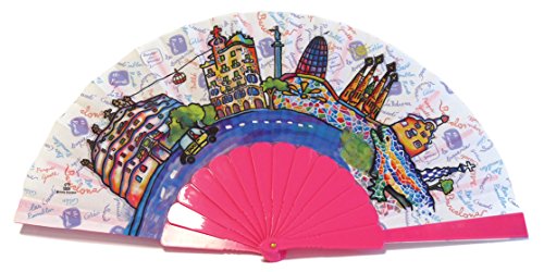 Nadal, Fiesta Souvenirs 393162, Abanico con Diseño Monumentos BCN, Algodón y PVC, Rosa, 23x2x2 cm