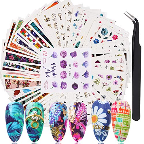 Nagelsticker, JUSTDOLIFE Nagelaufkleber Sticker 74 PCS Nagel Aufkleber Nagelaufkleber Selbstklebend Blumen nagelsticker selbstklebend Dekoration mit Nagelpinzette für Kinder Mädchen Frauen DIY
