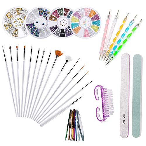 Nail Art Design Kit, Joeyer 37 Piezas Nail Art Kit Herramientas - Pinceles para Pintar Uñas, Uñas de Estrás, Pinceles de Punto Accesorios de Decoración de Uñas
