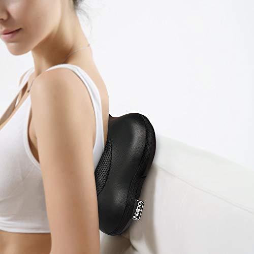 Naipo Almohada de Masaje para Cuello y Espalda Shiatsu Cojín Masajeador de PU Negro con Función de Calor para Relajar las Contracturas y Dolores Musculares en Casa, Oficina y Coche 2 Años Garantía