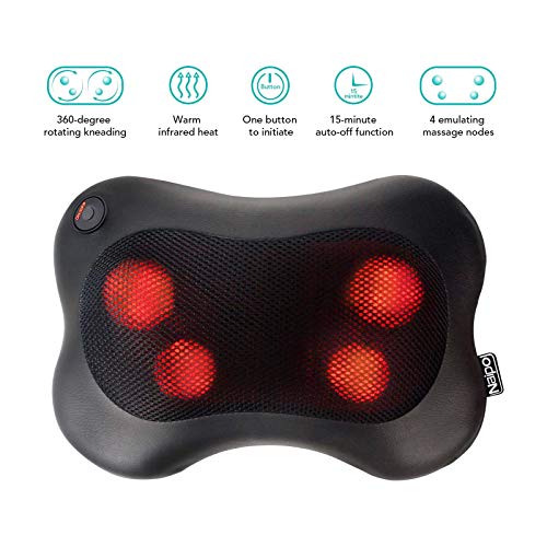 Naipo Almohada de Masaje para Cuello y Espalda Shiatsu Cojín Masajeador de PU Negro con Función de Calor para Relajar las Contracturas y Dolores Musculares en Casa, Oficina y Coche 2 Años Garantía