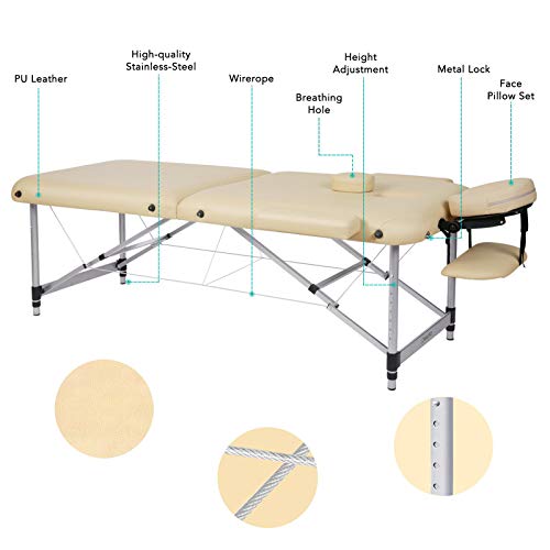 Naipo Camilla de Masaje Plegable de 2 Secciones Cama Estética Profesional y Portátil con Patas de Aluminio, Bolsa de Transporte, Reposacabezas y Apoyabrazos Desmontables , 11.6kg 213*90cm