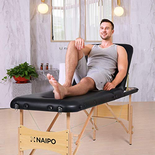 Naipo Mesa de Masaje Camilla Profesional Ajustable Plegable de Marco de Madera en 3 Secciones Ergonómica con Reposacabezas y Bolsa de Almacenamiento para Tratamiento Tatuaje Salón Cuidado Facial