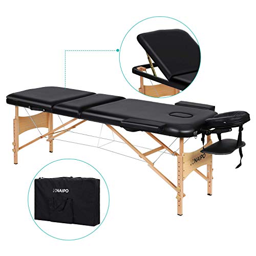 Naipo Mesa de Masaje Camilla Profesional Ajustable Plegable de Marco de Madera en 3 Secciones Ergonómica con Reposacabezas y Bolsa de Almacenamiento para Tratamiento Tatuaje Salón Cuidado Facial