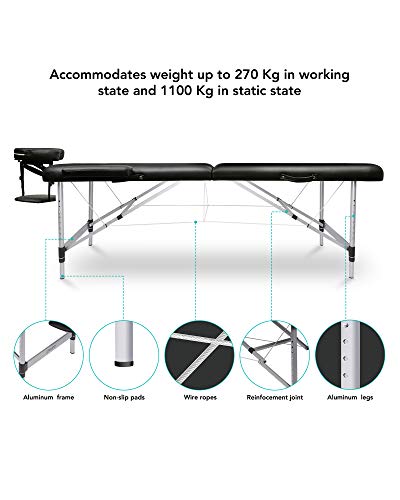 Naipo Mesa de Masaje Plegable de 2 Secciones Camilla Portátil y Profesional con Patas de Aluminio de Haya Alemán, Bolsa de Transporte, Reposacabezas y Apoyabrazos Desmontables Negro 213*90cm