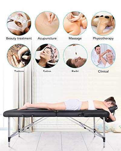 Naipo Mesa de Masaje Plegable de 2 Secciones Camilla Portátil y Profesional con Patas de Aluminio de Haya Alemán, Bolsa de Transporte, Reposacabezas y Apoyabrazos Desmontables Negro 213*90cm