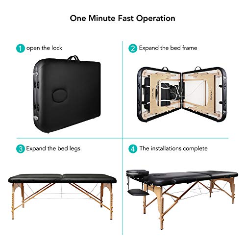 Naipo Mesa de Masaje Plegable de 2 Secciones Camilla Portátil y Profesional con Patas de Madera de Haya Alemán, Bolsa de Transporte, Reposacabezas y Apoyabrazos Desmontables Negro (13kg, Ancho 70cm)