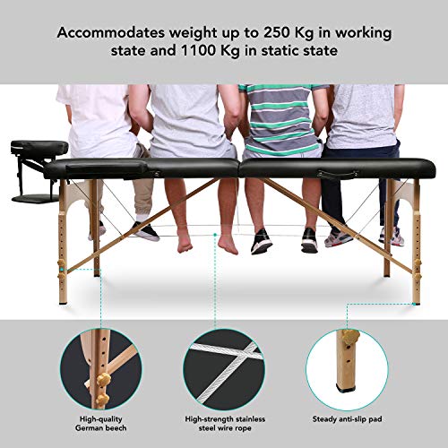 Naipo Mesa de Masaje Plegable de 2 Secciones Camilla Portátil y Profesional con Patas de Madera de Haya Alemán, Bolsa de Transporte, Reposacabezas y Apoyabrazos Desmontables Negro (13kg, Ancho 70cm)