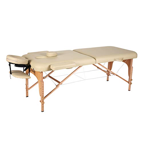 Naipo Mesa de Masaje Plegable de 2 Secciones Camilla Portátil y Profesional con Patas de Madera de Haya Alemán, Bolsa de Transporte, Reposacabezas y Apoyabrazos Desmontables Beige (13kg, Ancho 70cm)
