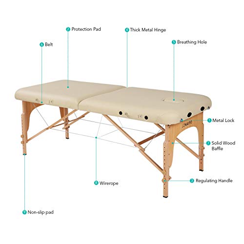 Naipo Mesa de Masaje Plegable de 2 Secciones Camilla Portátil y Profesional con Patas de Madera de Haya Alemán, Bolsa de Transporte, Reposacabezas y Apoyabrazos Desmontables Negro (13kg, Ancho 70cm)