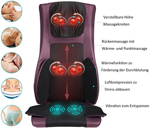 Naipo Respaldo de Masaje Shiatsu Asiento Masajeador para Cuello y Espalda con Compresión de Aire, Amasamiento Profundo, Calor Infrarrojos y Vibración