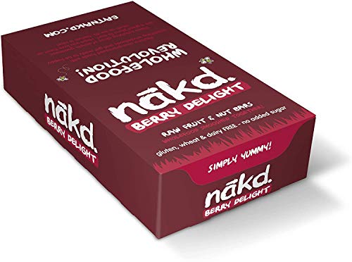 Nakd Barritas de Fruta y Frutos Secos con Frambuesas - Pack de 18 x 35 g, Sin Azúcar Añadido, Sin Gluten, Sin Lactosa, Vegano, Berry Delight