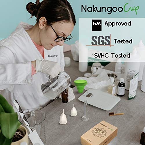 NakungooCup Copa Menstrual Kit Suave Organica Certificado 2 Copas en Talla S y L Esterilizador de Silicona Lavable Dura 12 Horas 30ml Ideal Para Principiantes