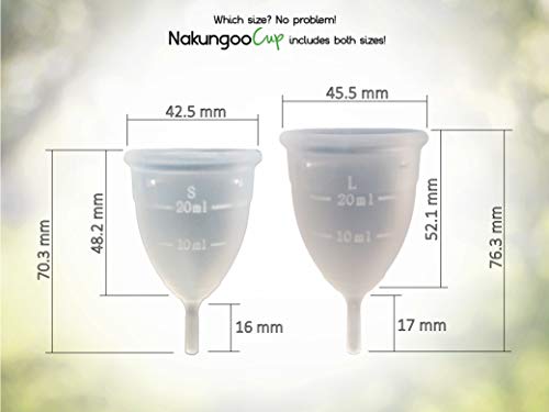 NakungooCup Copa Menstrual Kit Suave Organica Certificado 2 Copas en Talla S y L Esterilizador de Silicona Lavable Dura 12 Horas 30ml Ideal Para Principiantes