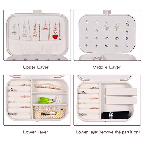NAOLIU Joyero,Joyero Viaje con Forro de Terciopelo, PU Cuero Joyeros Mujer,Joyeros Mujer Organizador,para Anillos, Aretes, Pulseras y Collares (Bianco Perl)