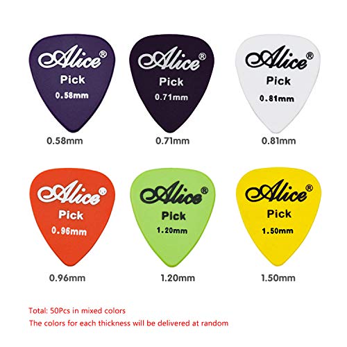 NATEE 50pcs Púa de Guitarra, Púa para Guitarra Clásica, Púa de Bass, Púas Celuloide Guitarra, Púa para Guitarra Acústica Eléctrica Clásica Ukelele Grueso Colores Surtidos 1 Caja 6 Espesores