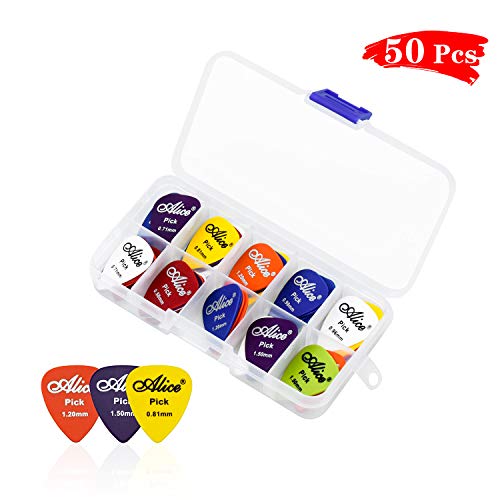 NATEE 50pcs Púa de Guitarra, Púa para Guitarra Clásica, Púa de Bass, Púas Celuloide Guitarra, Púa para Guitarra Acústica Eléctrica Clásica Ukelele Grueso Colores Surtidos 1 Caja 6 Espesores