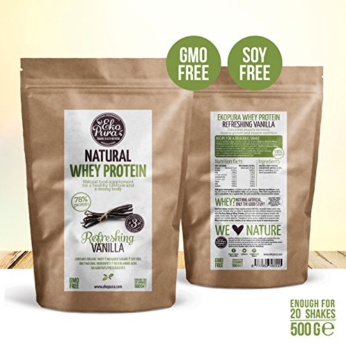 Natural Whey Protein - Refreshing Vanilla - 78% Proteína - Proteína de suero Orgánico - Sin Aditivos - Libre de GMO - Sin Soja - 500g