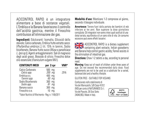 Naturando - Acicontrol Rapid 20 Comprimidos Masticables - Complemento alimenticio para el Control del Ácido gástrico y la Eliminación de los Gases Intestinales