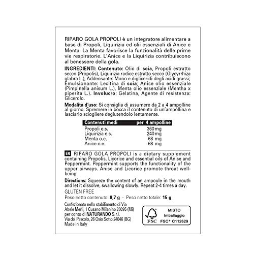 Naturando - Riparo Gola Propoli 20 Cápsulas Gelatinosas - Complemento Alimenticio Útil para la Salud de la Garganta y de la Faringe