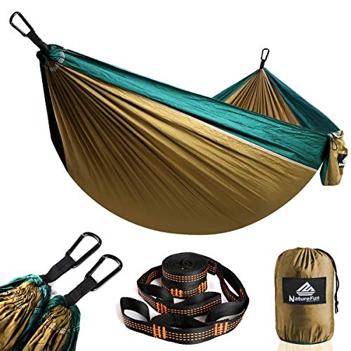 NatureFun Hamaca ultraligera para camping| 300kg de capacidad de carga, (275 x 140 cm) Estilo paracaídas de Nylon, transpirable y de secado rápido. 2 mosquetones premium, 2 eslingas de nylon incluidas