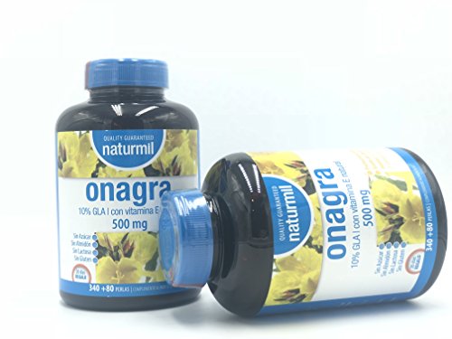 NATURMIL Aceite de Onagra 500 MG, 420 perlas, Con vitamina E, sin gluten, sin lactosa, sin azúcar, sin almidón, libre OGM, 10% gla