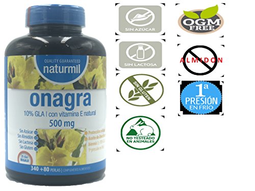 NATURMIL Aceite de Onagra 500 MG, 420 perlas, Con vitamina E, sin gluten, sin lactosa, sin azúcar, sin almidón, libre OGM, 10% gla