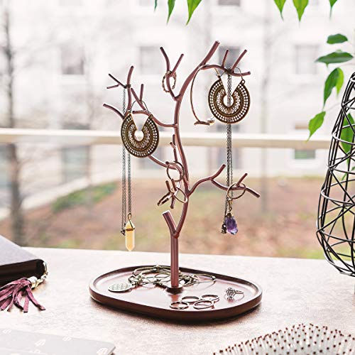 Navaris Árbol organizador de joyas de metal - Soporte para pendientes con plato de madera para guardar collares anillos pulseras accesorios