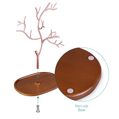 Navaris Árbol organizador de joyas de metal - Soporte para pendientes con plato de madera para guardar collares anillos pulseras accesorios