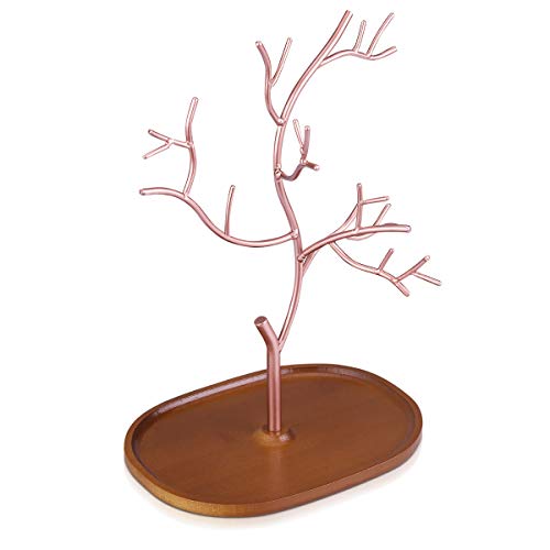 Navaris Árbol organizador de joyas de metal - Soporte para pendientes con plato de madera para guardar collares anillos pulseras accesorios