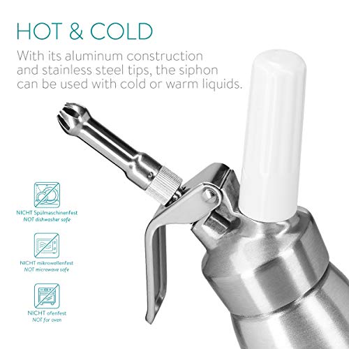 Navaris Dispensador de Nata montada - Sifón de Cocina de Aluminio con Capacidad de 500ML - Set Profesional con 3 boquillas Compatible con Cargas N20