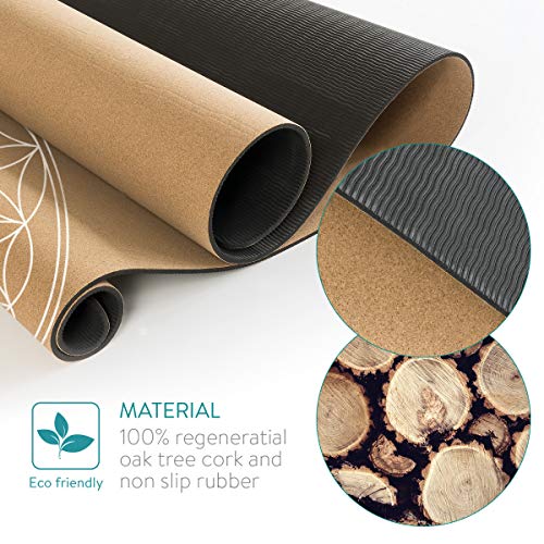 Navaris Esterilla de Yoga de Corcho Antideslizante - Alfombra para Entrenamiento de Gimnasia - Colchoneta de 183x61x0.5CM con diseño de Flor de Vida