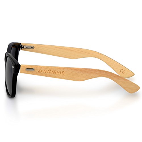 Navaris Gafas de sol UV400 - Gafas de madera para hombre y mujer - Gafas de sol con patillas de madera - Negro