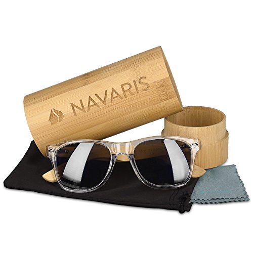 Navaris Gafas de sol UV400 - Gafas de madera para hombre y mujer - Gafas de sol con patillas de madera - Transparente y gris