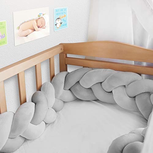 Navaris Protector para cuna de bebé - Trenza chichonera para bordes de cama - Cojín trenzado de 200 CM - Almohada trenzada con nudos - Gris