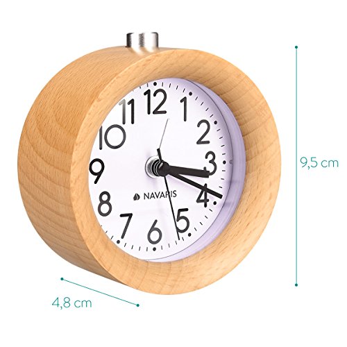 Navaris Reloj Despertador analógico - Alarma Despertador con luz y Sonido - Reloj Retro de Madera Natural Color marrón Claro - con función Snooze