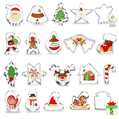 Navidad Cortadores de Galletas, 20 Piezas Navidad Moldes Metalicos para Reposteria Bizcocho Pastel Cookie Fondant Tarta Horno Formas, Navidad Decoración de Fiesta -Acero Inoxidable