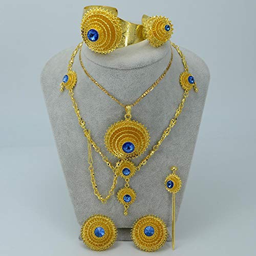 N/D Exquisito Conjunto De Regalo Etíope Dorado Azul Gema Habesha Novia Boda Eritrea Cadena Frente Simple Regalo Femenino
