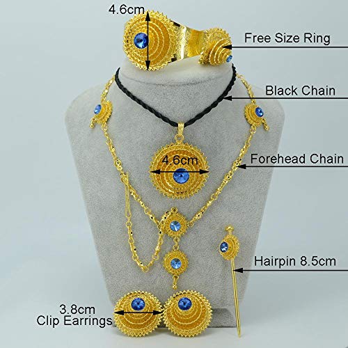 N/D Exquisito Conjunto De Regalo Etíope Dorado Azul Gema Habesha Novia Boda Eritrea Cadena Frente Simple Regalo Femenino