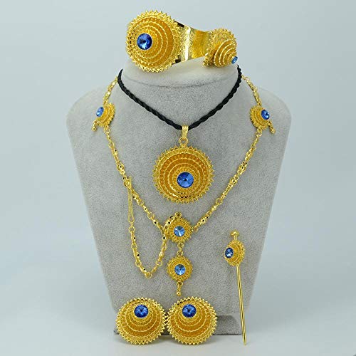 N/D Exquisito Conjunto De Regalo Etíope Dorado Azul Gema Habesha Novia Boda Eritrea Cadena Frente Simple Regalo Femenino