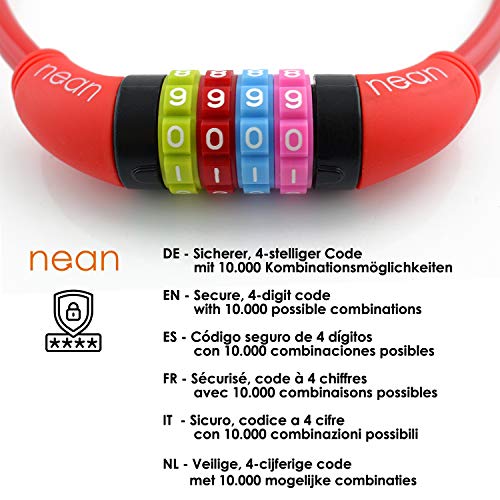 nean Candado de bicicleta infantil, con código de combinación de números, multicolor, 10 x 650 mm, 88089, rojo, 65 cm