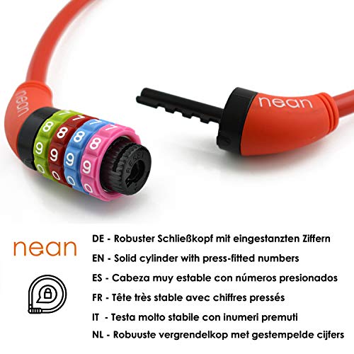 nean Candado de bicicleta infantil, con código de combinación de números, multicolor, 10 x 650 mm, 88089, rojo, 65 cm