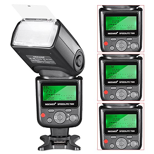 Neewer 750II TTL Flash Speedlite con kit Pantalla LCD para Cámaras Nikon DSLR, Incluye:(1)750II Flash (1)Disparador Inalámbrico 2.4G con Cable N1/N3 (1)Difusor Suave/Duro (1)Soporte de Tapa de Lente