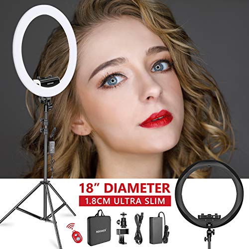 Neewer Kit Anillo Luminoso(Espesor 1,8cm) 48cm 3200–5600K LED Ring Light con Soporte de Luz Soporte de Teléfono Móvil Tablet Montura Zapata para Retratos Videos de Maquillaje(Negro)